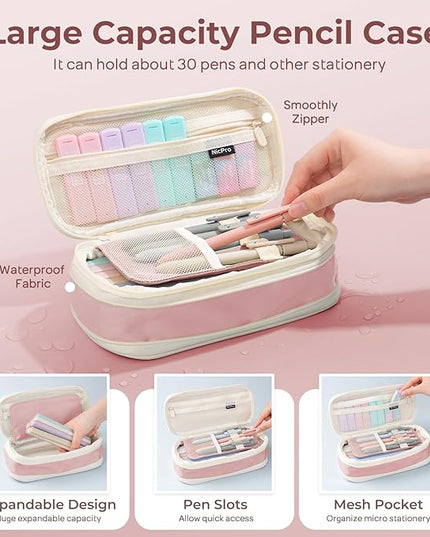 Nicpro 39 PCS Aesthetic School Supplies with Cute Pink Pencil Case, 12 Pastel Highlighters, 5 Quick Dry Black Ink Pens, 6 Mechanical Pencil 0.5 & 0.7 mm for Girls Student Stationary College Essentials