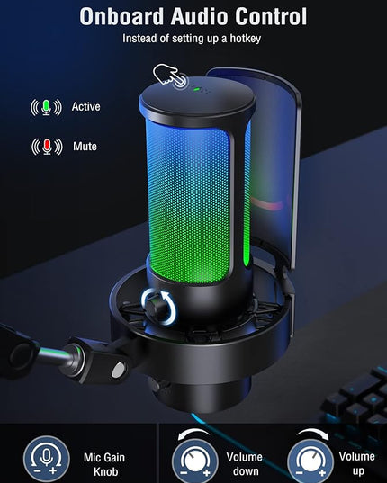 FIFINE Gaming USB Microphone, PC Computer Mic with 4 Polar Patterns for Podcast Streaming Recording YouTube, RGB Condenser Desktop Mic for Windows, Mac, with Headphone Jack-AmpliGame A8 Plus