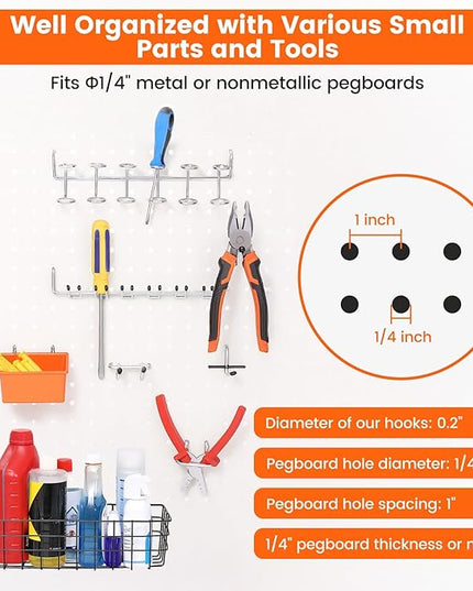 Pegboard Organizer Accessories Kit 155 PCS, Peg Board Hooks Assortment with Bins, Baskets for 1/4 inch Pegboard Wall Organizer, Garage Organization, Workbench, Craft Room, Hanging Tools