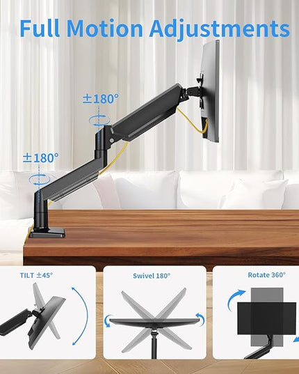 Single Monitor Stand for 13 to 32 inch Screens, Gas Spring Monitor Arm with Swivel, Tilt, Rotation, Height Adjustable, Desk Mount with C-Clamp and Grommet Base, Holds 4.4 to 19.8lbs Screen, Black
