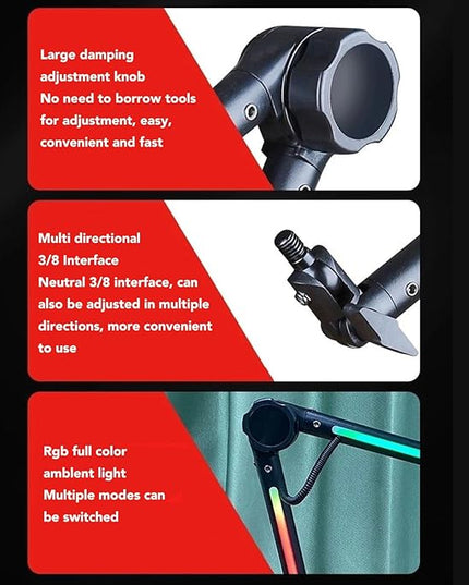 Desk Microphone Arm Stand, 360 Degree Adjustable Metal Boom Arm Mic Desk Stand with RGB Light for Live Gaming Broadcasting Recording, Singing and TV Stations