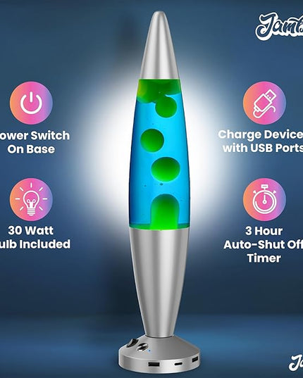 JAMBO 16-Inch Beautiful Lamp with Wax, Relaxing Night Light Home Decor, Extra Tall, Living Room Office Bedroom Lamp for Adults, Teens, Kids (USB, Auto Shut Off, Silver Base, Blue Liquid, Yellow Wax)