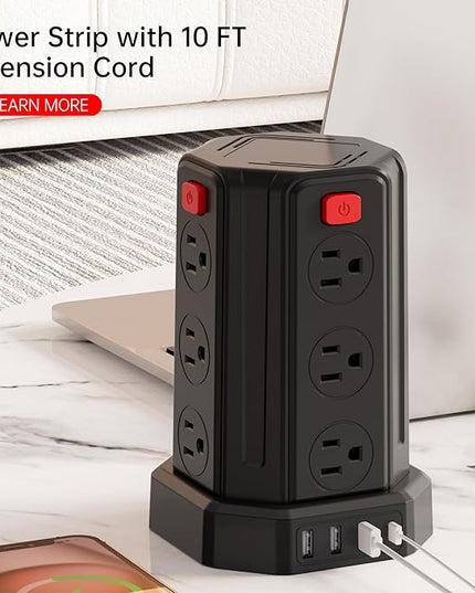 Power Strip Surge Protector, 10 Ft Extension Cord with 12 AC Multiple Outlets 4 USB (1 USB C), SMALLRT Power Tower Desktop Charging Station (Black, 10 FT)