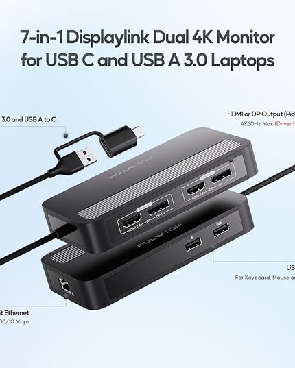 PULWTOP Dual DisplayLink Docking Station, USB C Docking Station Dual 4K@60Hz Display for MacBook M1/M2/M3/Windows, Universal Laptop DockingStation, DisplayPort or HDMI, 2 USB A 2.0, Ethernet