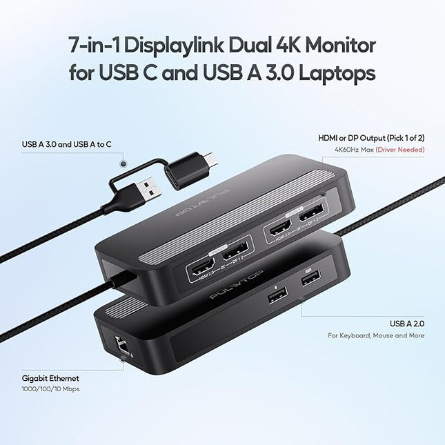 PULWTOP Dual DisplayLink Docking Station, USB C Docking Station Dual 4K@60Hz Display for MacBook M1/M2/M3/Windows, Universal Laptop DockingStation, DisplayPort or HDMI, 2 USB A 2.0, Ethernet