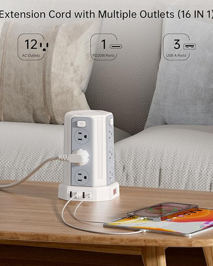 Power Strip Surge Protector, 10 Ft Extension Cord with 12 AC Multiple Outlets 4 USB (1 USB C), SMALLRT Power Tower Desktop Charging Station (White, 10 FT PD20W)