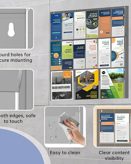 Acrylic Brochure Pamphlet Holder, 3 Magazine Holders and 12 Pamphlet Holders, Wall Mount Display Rack, Trifold Flyer Holder, Literature Organizer for Home, Office, Dual-Tone Clear Front & Black Back