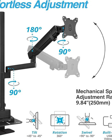 AVLT Single 40 Inch Monitor Arm Pole Top Mount With USB-C USB-A Ports-Black, Supports 26.4 lbs (12kg), Ultrawide screen fit, VESA Compatible, Tilt, Swivel, Rotate, Ergonomic adjustable height, Durable