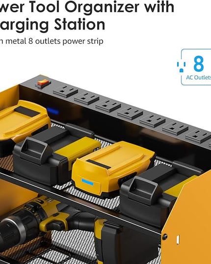 CCCEI Modular Power Tool Organizer Wall Mount with Charging Station. Garage Drill Storage Shelf with Hooks, Heavy Duty Rack, Tool Battery Holder Built in 8 Outlet. Gift for Men. Yellow, 2 Pack.
