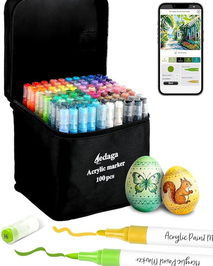 YHC 100 Colors Acrylic Paint Pens with Free App, Dual Tip Acrylic Paint Markers with Brush Tip and Fine Tip for Adults, Kids, Eggs, Wood, Rock, Canvas, Plastic, Stone, Glass, Ceramic