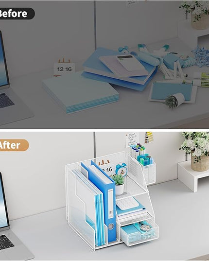 Marbrasse Desk Organizer and Accessories, 3-Tier File Organizer with Drawer and Pen Holder, Small Desktop Organizer and Storage for Workspace Office Supplies White