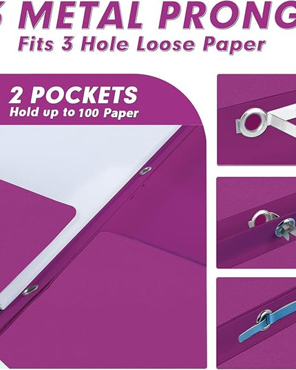 Two Pocket Folders, PANDRI 30 Pack Two Pocket Folders with Prongs, 3 Prong Folders Designed for Office and Classroom, Letter Size Purple