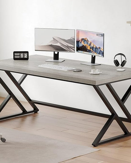 LVB Large Home Office Desk, Long Industrial Computer Desk, Metal Wood Writing Study Computer Table for Student, Big Modern Executive Simple Gaming Work Desk for Bedroom, Light Grey, 60 Inch