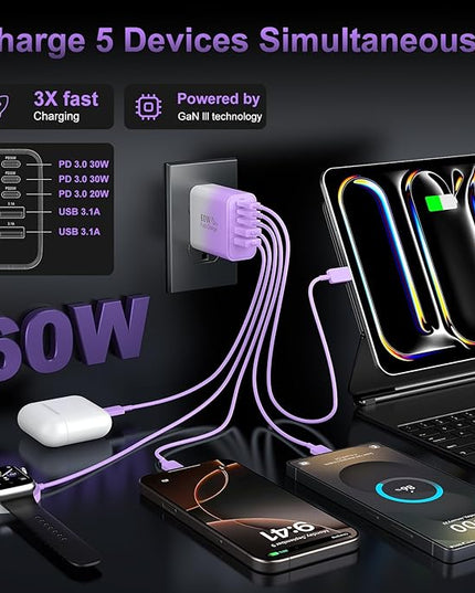 USB C Fast Wall Charger Block, 2Pack 60W USBC Charging Cubes, 5-Port PD+QC Power Adapter Multiport Brick Type C Box Plug for Phone 16/15/14/13/12/11/Pro Max/Plus, Pad Mini/Pro/S25/S24