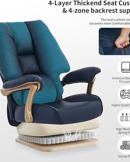 Big and Tall Executive Office Chair with Footrest, 400LBS Capacity Ergonomic High-Back Desk Office Chair with Lumbar Support, Padded Armrests & Thick Cushion, Blue PU Leather Chairs