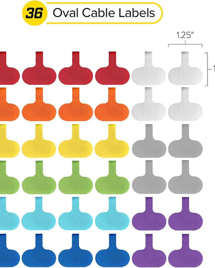 Wrap-It Storage - Cable Labels - Oval, Multi-Color (36 Pack) - Write-On Wire Tags for Cord Identification with Power Strips Behind Desks and TVs
