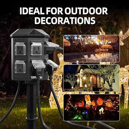 TiFFCOFiO Outdoor Power Strip Waterproof, 24 Hour Mechanical Timer, 6 ft Extension Cord, 6 Grounded Outlets for Outdoor Lights, ETL Listed (100 FT)