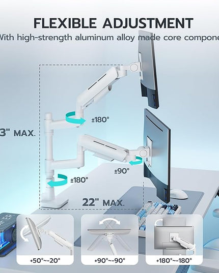 ARES WING Dual Monitor Mount for 17-49 Inch Ultrawide Heavy Duty Curved Screen, Computer Monitor Arm Desk Mount, Gas Spring Adjustable Dual Monitor Stand for Desk, White