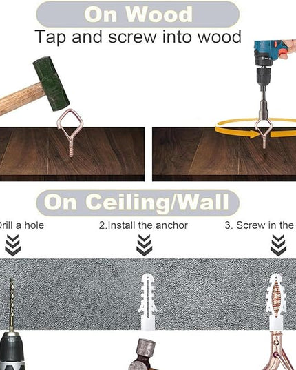 10PCS Eye Screw Hooks for Hanging Heavy Duty with Safety Buckle.Metal Ceiling Hooks for Hanging Plants,Cup,Wind Chime,Bird Feeders,christmas String Lights at Indoor&Outdoor,2.36 Inch(No Drill Bit)
