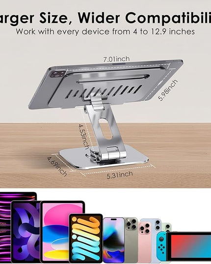 Tablet Stand for Desk, 360° Swivel for iPad Holder, Aluminum Adjustable Tablet Holder, Compatible for iPad Pro Air Mini Surface Pro Samsung Galaxy Tabs Kindle, 4-12.9 inch, Silver