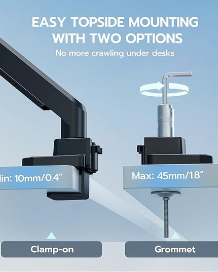 ARES WING Ultrawide Monitor Arm, Heavy Duty Single Monitor Mount for 13"-49" Curved Screens, Adjustable Stand for Desk with C-clamp & Grommet Base up to 40 LBS, Black