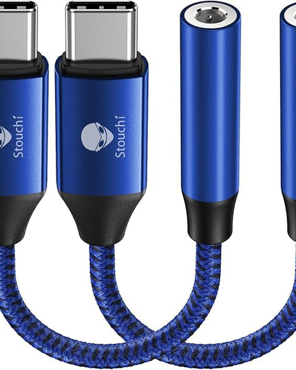 Stouchi USB C to 3.5mm Dongle Adapter, Type C Headphone Audio Jack Cable Cord Hi-Fi DAC Chip for iPhone 17/16 /15, Pixel 9/8 /7/6, iPad, Samsung Galaxy S25 S24 S23 Ultra (2, Blue, 0.38ft*2)