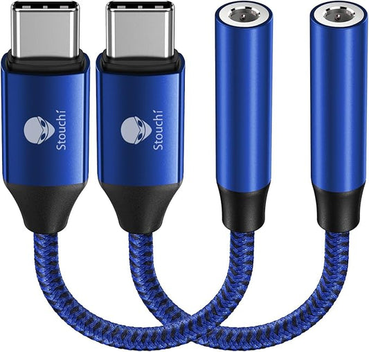 Stouchi USB C to 3.5mm Dongle Adapter, Type C Headphone Audio Jack Cable Cord Hi-Fi DAC Chip for iPhone 17/16 /15, Pixel 9/8 /7/6, iPad, Samsung Galaxy S25 S24 S23 Ultra (2, Blue, 0.38ft*2)