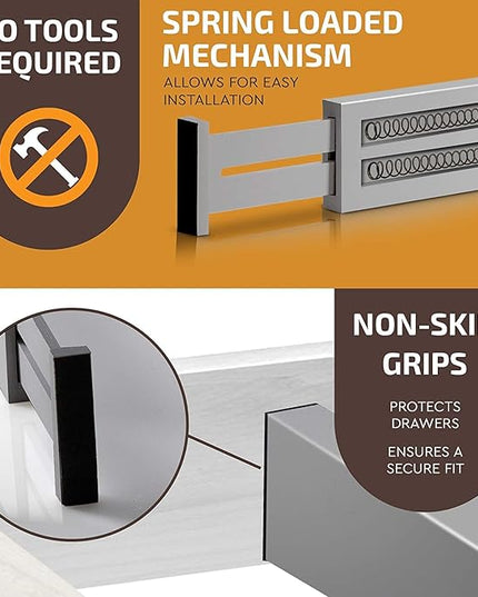 Adjustable Bamboo Drawer Divider Organizers - 6 Pack Large Expandable Drawer Organization Separators for Kitchen Utensils, Dresser, Bedroom, Bathroom, Baby Drawer, Office - 17.5” to 22" (Gray)