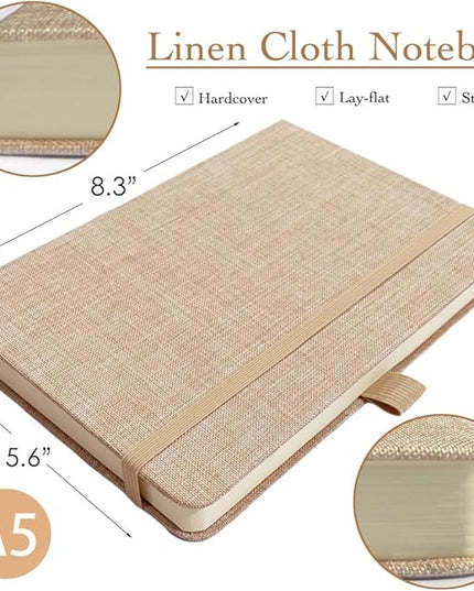 ipoul Linen Journal, A5, 8x6, Ruled Notebook, Journal for Writing, Hardcover, Lay Flat, with Band Closure & Pen Holder, Pink