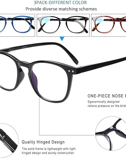 Henotin 3-Pack Blue Light Blocking Reading Glasses,Spring Hinge Computer Readers for Men Women,Anti UV Ray Filter Eyeglasses (3 Mixed Color, 4.0)