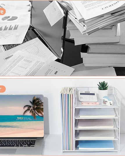 LEKETREE Desk Organizers and Accessories, 5-Tier Paper Letter Tray Organizer with File Holder, Desktop Organizer for Office Supplies (White)