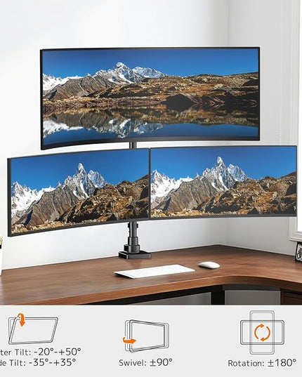 Triple Monitor Mount up to 49 inches, Fully Adjustable Heavy Duty 3 Monitor Arm with Gas Spring, Desk Mount for 3 Screens, C-Clamp & Grommet Base, Holds 44 lbs, Black