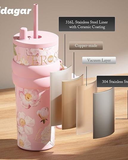 24 oz Stainless Steel Tumbler with Lid and Straw, Insulated Coffee Mug, Leak Proof, Portable Iced Travel Water Bottle, Reusable Thermal Coffee Cup, Floral Pink