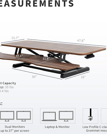 VIVO 48 inch Desk Converter, K Series, Height Adjustable Sit to Stand Riser, Dual Monitor and Laptop Workstation with Wide Keyboard Tray, Rustic Vintage Brown Top, Black Frame, DESK-V048KN