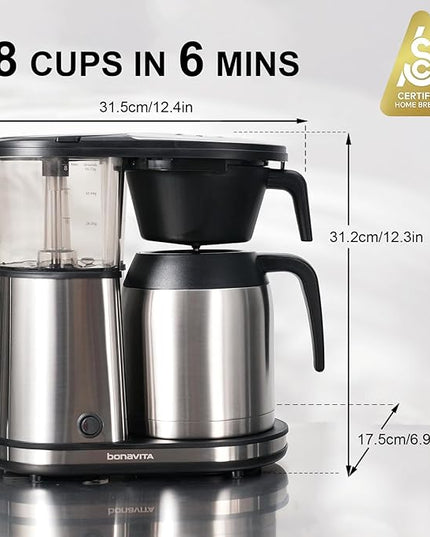 Bonavita 8 Cup Drip Coffee Maker Machine, One-Touch Pour Over, Auto Pause Brewing with Stainless Steel Double Wall Thermal Carafe, SCA Certified, Dishwasher Safe, BV1901TS