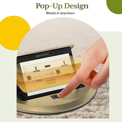 TG Round Pop-Up Floor Box Kit with USB Type A/C, 20A Tamper-Resistant Receptacle Outlet, Outlet Cover Box, USB Port Type A Type C, 36AC, Watertight Gasket and Corrosive Resistant Hardware, Brass