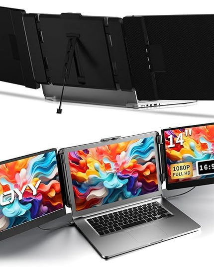 ROYY Laptop Screen Extender Triple Monitor - 14" 1080P Portable Monitor FHD Attachment Extra Screen Compatible with Windows Mac Dex Chrome Travel Work Fits 13-17" Laptops