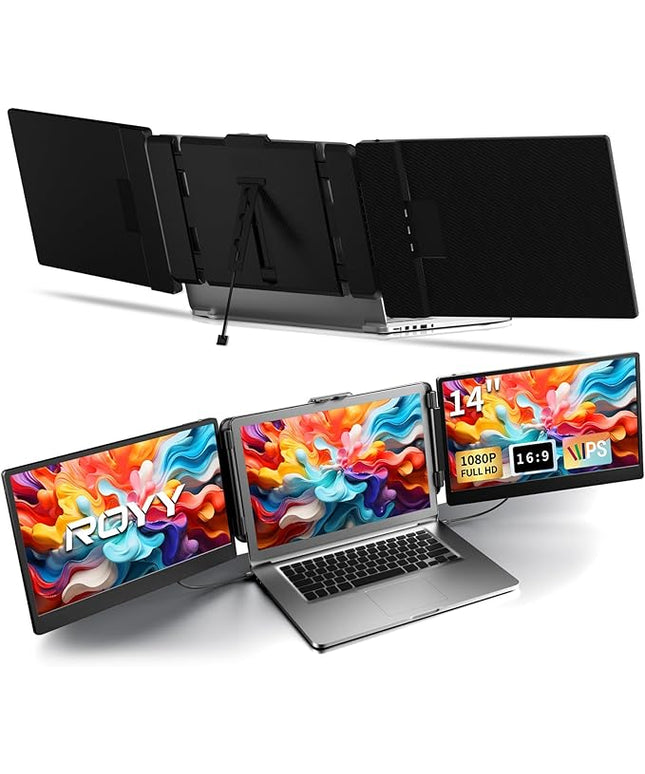 ROYY Laptop Screen Extender Triple Monitor - 14" 1080P Portable Monitor FHD Attachment Extra Screen Compatible with Windows Mac Dex Chrome Travel Work Fits 13-17" Laptops