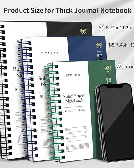 EMSHOI A4 Spiral Notebook Lined Journal, 11.2" X 8.27", 300 Pages/150 Sheets, 100gsm Thick Paper, Waterproof Softcover, Twin-Wire Binding, for School Work Writing Note Taking-Black