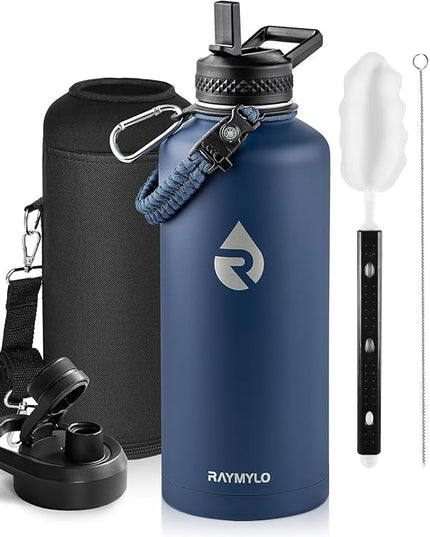 Insulated Water Bottle 87 oz, Triple Wall Vacuum Stainless Steel (Cold for 48 Hrs), Leak Proof & Non-BPA, Modern Water Flask Jug with Paracord Handle & Straw Spout Lids, Navy Blue