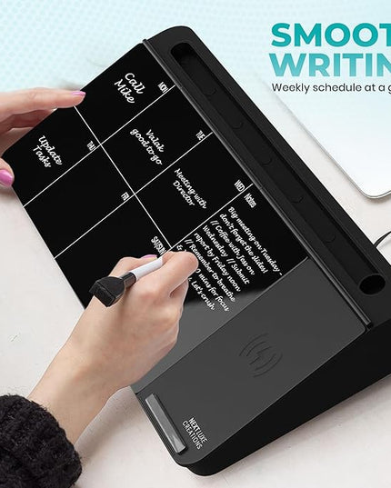 NEXTLUXE Glass Desk Whiteboard with Wireless Charger - Desktop Whiteboard with Storage, Weekly Planner, Dry Erase Pad, Organizer Drawer for Home, School, Office Gadgets – Black (Black)