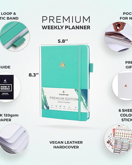 Clever Fox Planner Premium Edition – Undated Luxurious Weekly & Monthly Planner to Increase Productivity and Hit Your Goals – Organizer – Start Anytime, A5, Lasts 1 Year, Light Turquoise (Weekly)