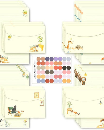 37 Pcs Stationery Paper Envelopes Set Includes 24 Lined Writing Paper & 12 Envelopes with 48 Colorful Round Dot Stickers, Cute Vintage Cat Letter Writing and Stationery Paper Envelopes(4Style)
