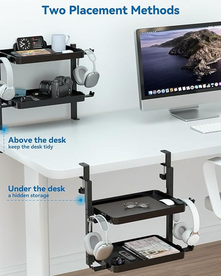 KDD Clamp On Desk Organizer - Adjustable 2-Tier Above or Under Desk Shelves with Large Capacity Tray, Phone & Tablet Holder, Headphone Hook - No Drilling Desktop Storage for Office & Home Accessories