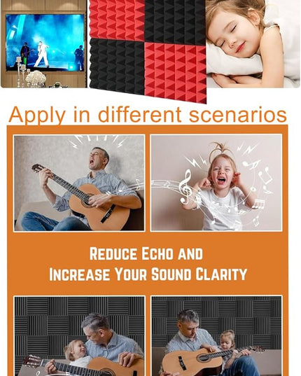 Acoustic Foams Panels 24 Pack 2" x 12"x 12" Sound Proof Foam Panels for Walls High Density and Fire Resistant Soundproofing Panels Soundproof Studio Pyramid Sound Dampening Panels Black Red