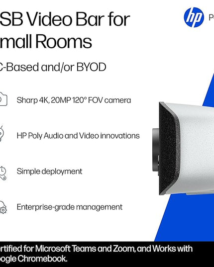 Poly Studio V12 – USB Video Bar for Small Rooms - 4K 20MP Camera, AI-Enhanced Audio, Noise Cancellation, Poly Lens Management - Microsoft Teams, Zoom & Google Meet Compatible - Thoughtfully Made
