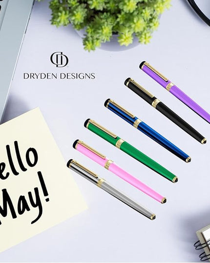 Dryden Designs Fountain Pen. Medium Nib Premium Box | 6 Ink Cartridges Included (Mysterious Blue)