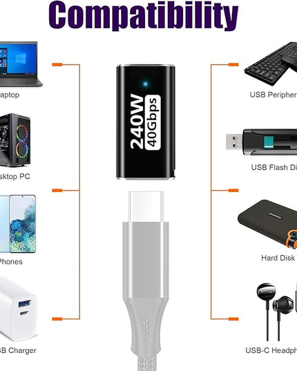 AGVEE 2 Pack Mid Angle USB4 USB-C Male to USB-C Female Adapter Converter Video USB 4.0 240W 40G Data Extension Coupler Connector, Black