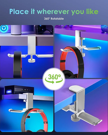 6amLifestyle Dual Rotatable Headphone Stand Hanger Under Desk Clamp Headphone Holder Aluminum, 11lb Load Capacity, Compatible with Universal Headphones, Silver 6A-13SV