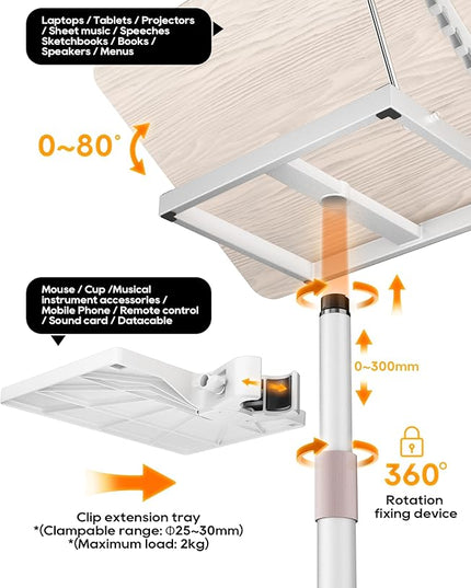 2 in 1 Adjustable Book Stand - Dual-Use Floor and Desktop Book Holder Stand, Height Adjustable 23.5-52 in, Elastic Page Clips for Music Sheet, Recipe, Tablet, Laptop-White